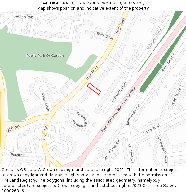 44, HIGH ROAD, LEAVESDEN, WATFORD, WD25 7AQ: Location map and indicative extent of plot