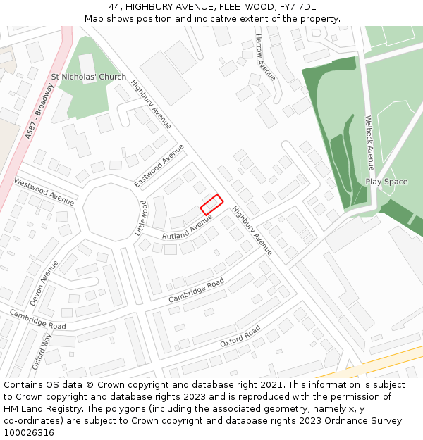 44, HIGHBURY AVENUE, FLEETWOOD, FY7 7DL: Location map and indicative extent of plot