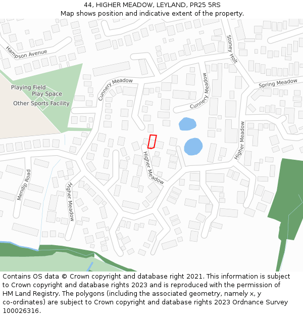 44, HIGHER MEADOW, LEYLAND, PR25 5RS: Location map and indicative extent of plot