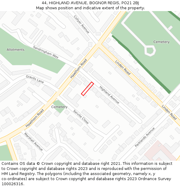 44, HIGHLAND AVENUE, BOGNOR REGIS, PO21 2BJ: Location map and indicative extent of plot