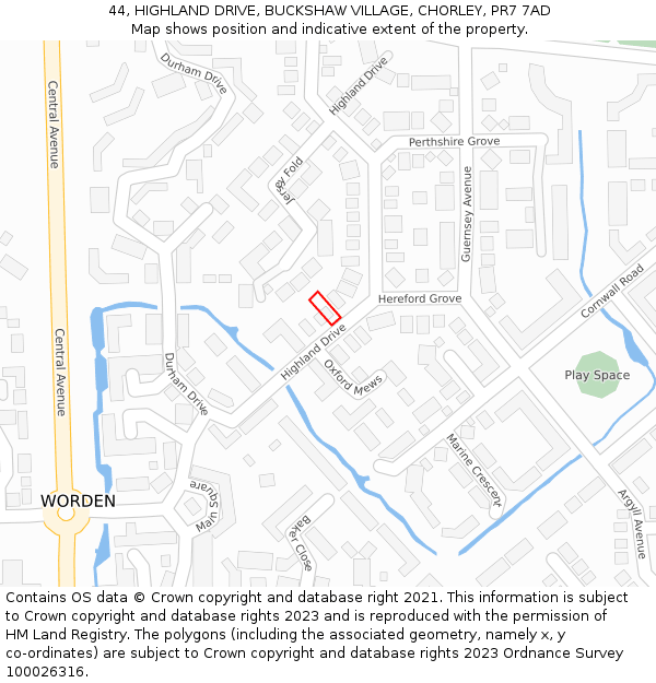 44, HIGHLAND DRIVE, BUCKSHAW VILLAGE, CHORLEY, PR7 7AD: Location map and indicative extent of plot