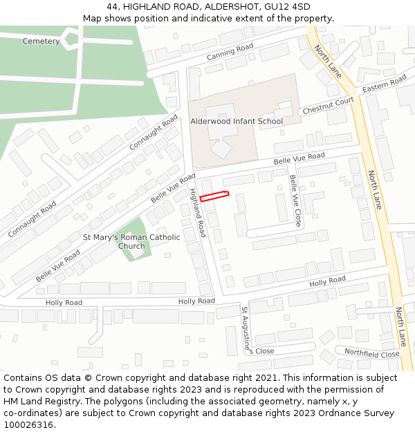 44, HIGHLAND ROAD, ALDERSHOT, GU12 4SD: Location map and indicative extent of plot