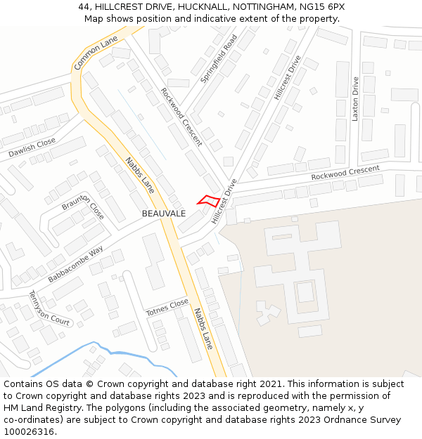 44, HILLCREST DRIVE, HUCKNALL, NOTTINGHAM, NG15 6PX: Location map and indicative extent of plot