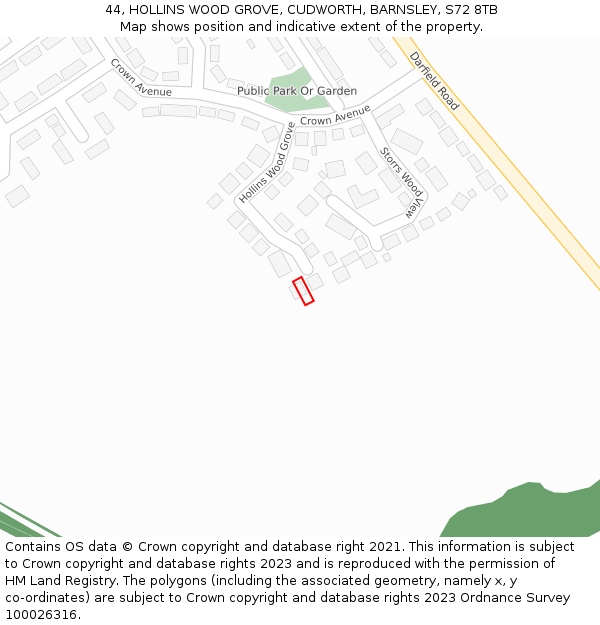 44, HOLLINS WOOD GROVE, CUDWORTH, BARNSLEY, S72 8TB: Location map and indicative extent of plot