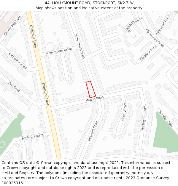 44, HOLLYMOUNT ROAD, STOCKPORT, SK2 7LW: Location map and indicative extent of plot