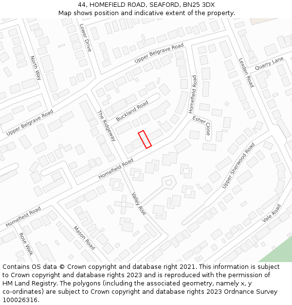 44, HOMEFIELD ROAD, SEAFORD, BN25 3DX: Location map and indicative extent of plot