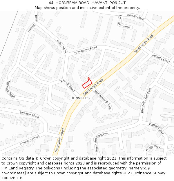 44, HORNBEAM ROAD, HAVANT, PO9 2UT: Location map and indicative extent of plot