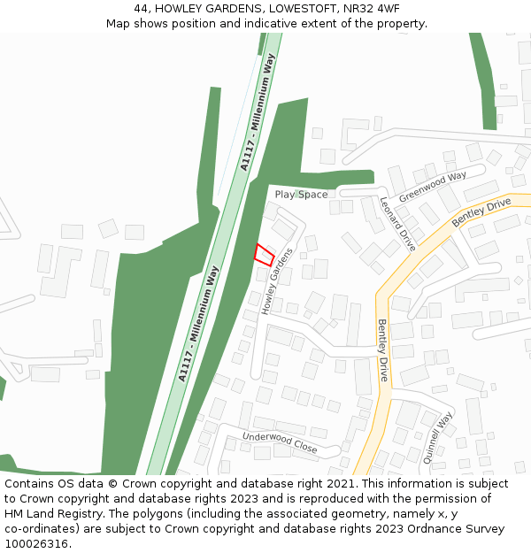 44, HOWLEY GARDENS, LOWESTOFT, NR32 4WF: Location map and indicative extent of plot