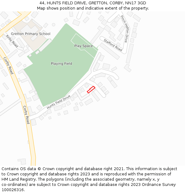 44, HUNTS FIELD DRIVE, GRETTON, CORBY, NN17 3GD: Location map and indicative extent of plot