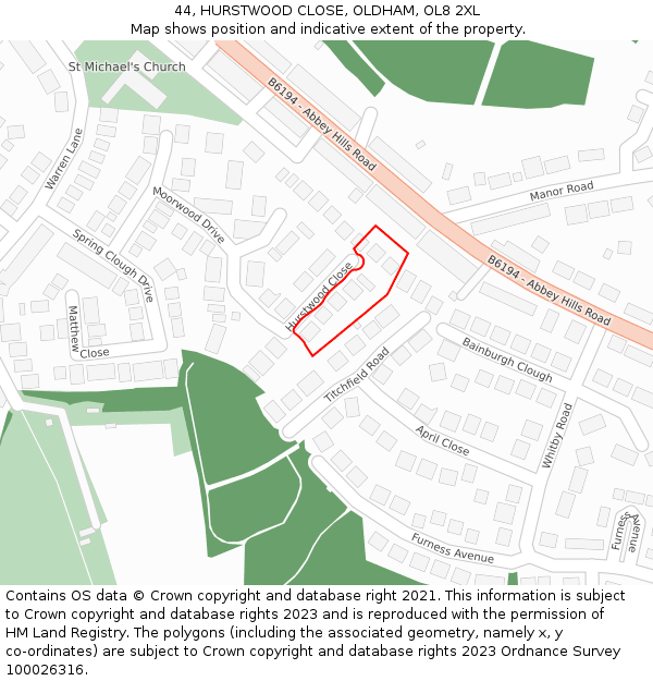 44, HURSTWOOD CLOSE, OLDHAM, OL8 2XL: Location map and indicative extent of plot