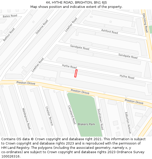 44, HYTHE ROAD, BRIGHTON, BN1 6JS: Location map and indicative extent of plot