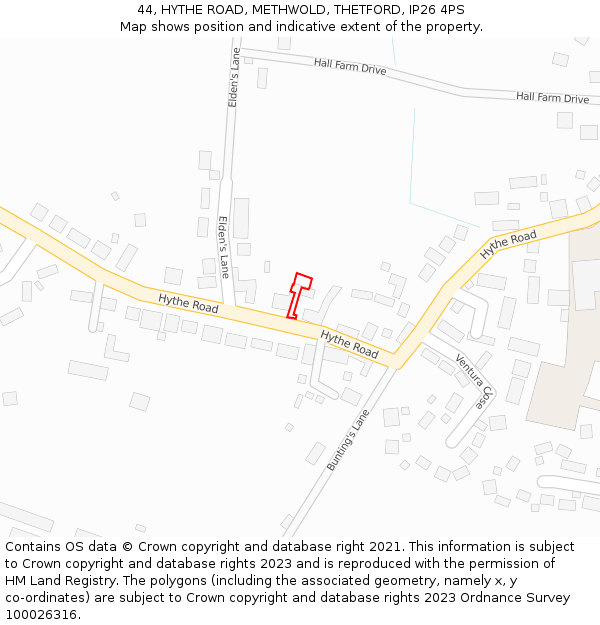 44, HYTHE ROAD, METHWOLD, THETFORD, IP26 4PS: Location map and indicative extent of plot