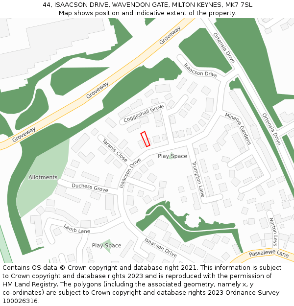 44, ISAACSON DRIVE, WAVENDON GATE, MILTON KEYNES, MK7 7SL: Location map and indicative extent of plot