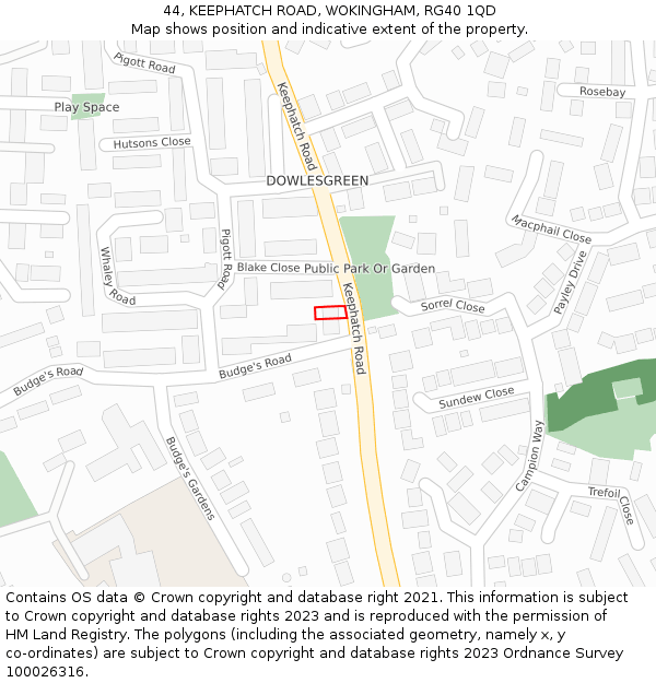 44, KEEPHATCH ROAD, WOKINGHAM, RG40 1QD: Location map and indicative extent of plot