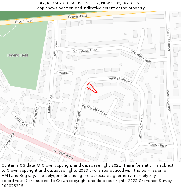44, KERSEY CRESCENT, SPEEN, NEWBURY, RG14 1SZ: Location map and indicative extent of plot