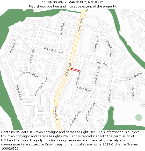 44, KINGS WALK, MANSFIELD, NG18 4XN: Location map and indicative extent of plot