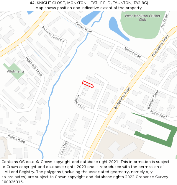 44, KNIGHT CLOSE, MONKTON HEATHFIELD, TAUNTON, TA2 8GJ: Location map and indicative extent of plot