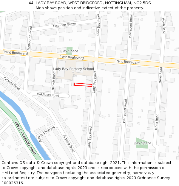 44, LADY BAY ROAD, WEST BRIDGFORD, NOTTINGHAM, NG2 5DS: Location map and indicative extent of plot