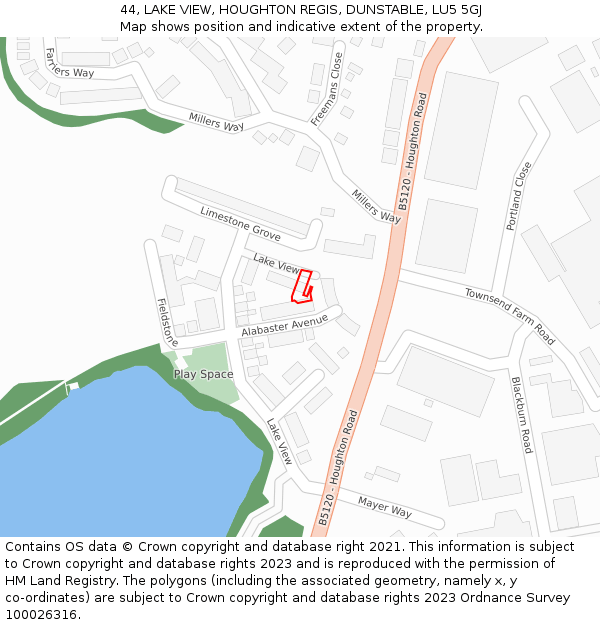 44, LAKE VIEW, HOUGHTON REGIS, DUNSTABLE, LU5 5GJ: Location map and indicative extent of plot