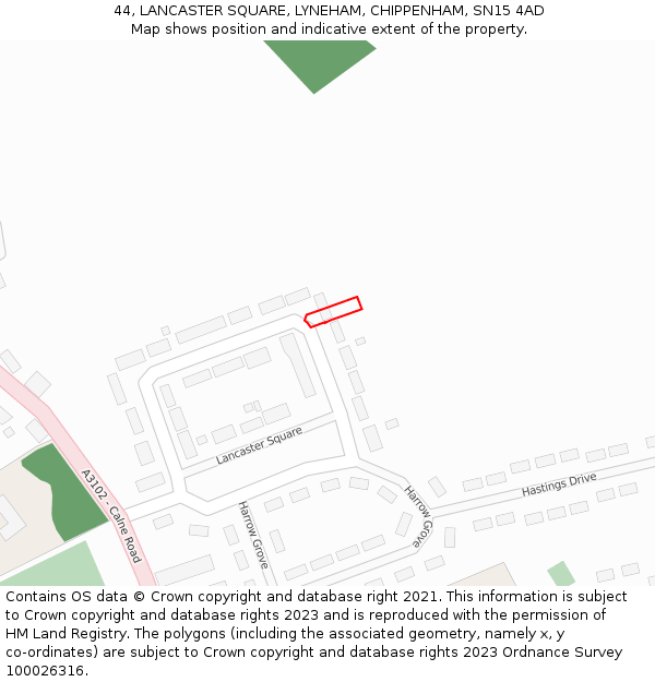 44, LANCASTER SQUARE, LYNEHAM, CHIPPENHAM, SN15 4AD: Location map and indicative extent of plot