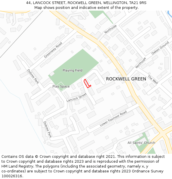 44, LANCOCK STREET, ROCKWELL GREEN, WELLINGTON, TA21 9RS: Location map and indicative extent of plot