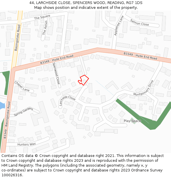 44, LARCHSIDE CLOSE, SPENCERS WOOD, READING, RG7 1DS: Location map and indicative extent of plot