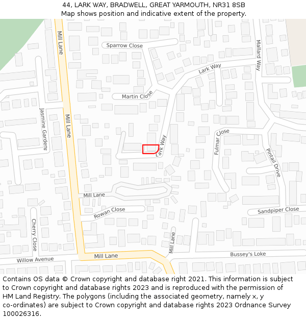 44, LARK WAY, BRADWELL, GREAT YARMOUTH, NR31 8SB: Location map and indicative extent of plot