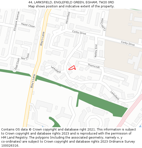 44, LARKSFIELD, ENGLEFIELD GREEN, EGHAM, TW20 0RD: Location map and indicative extent of plot