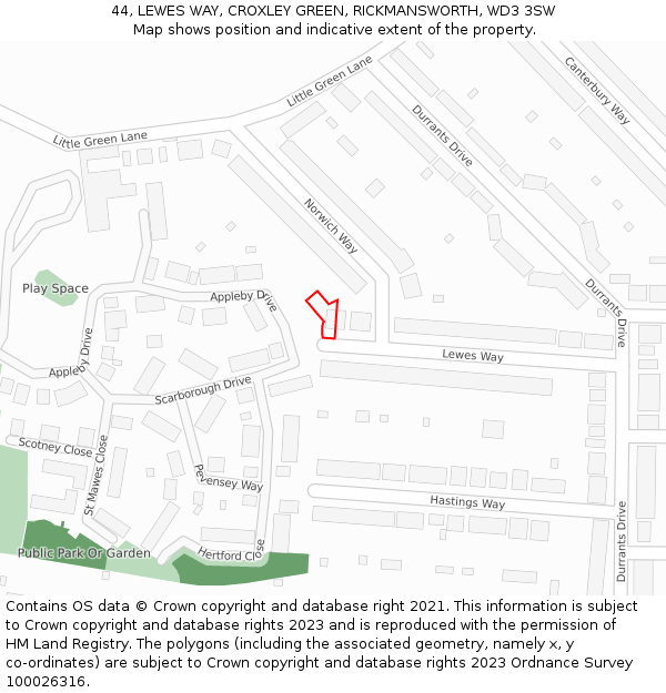 44, LEWES WAY, CROXLEY GREEN, RICKMANSWORTH, WD3 3SW: Location map and indicative extent of plot