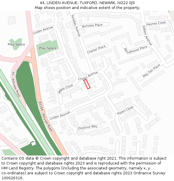 44, LINDEN AVENUE, TUXFORD, NEWARK, NG22 0JS: Location map and indicative extent of plot