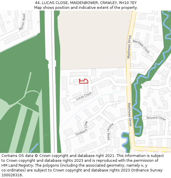 44, LUCAS CLOSE, MAIDENBOWER, CRAWLEY, RH10 7EY: Location map and indicative extent of plot