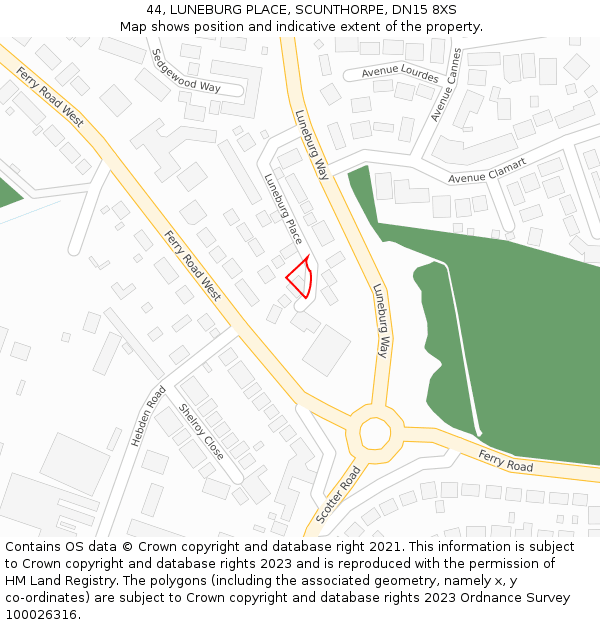 44, LUNEBURG PLACE, SCUNTHORPE, DN15 8XS: Location map and indicative extent of plot