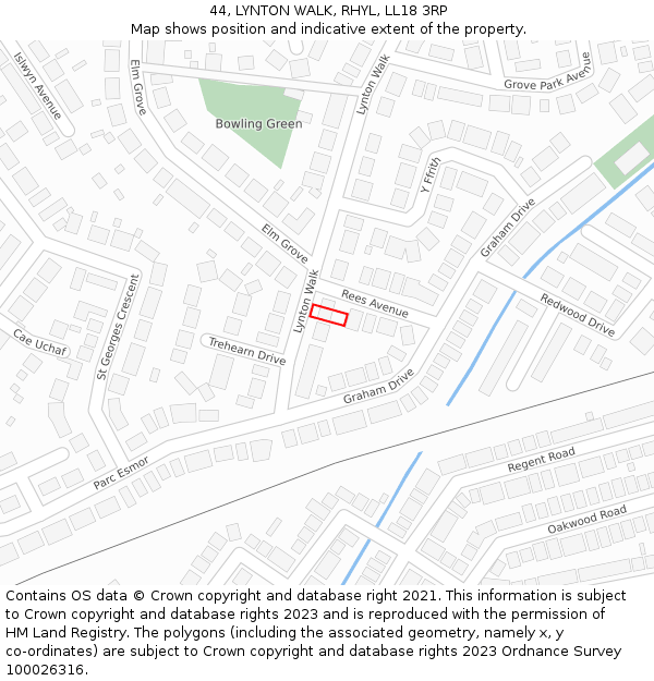 44, LYNTON WALK, RHYL, LL18 3RP: Location map and indicative extent of plot