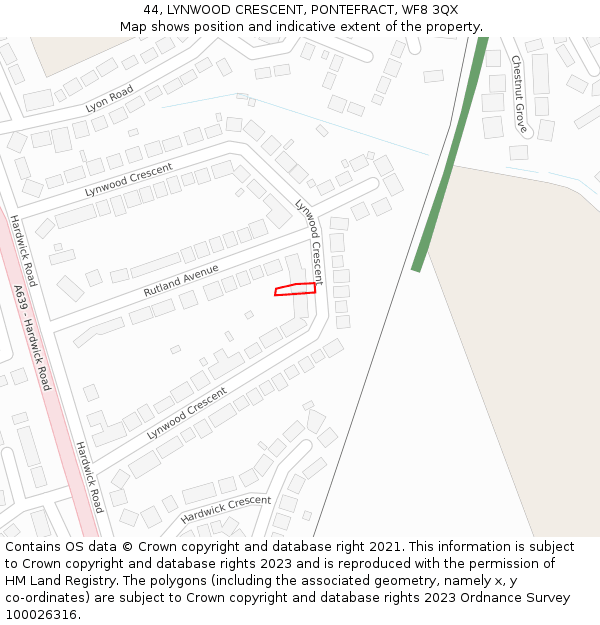 44, LYNWOOD CRESCENT, PONTEFRACT, WF8 3QX: Location map and indicative extent of plot