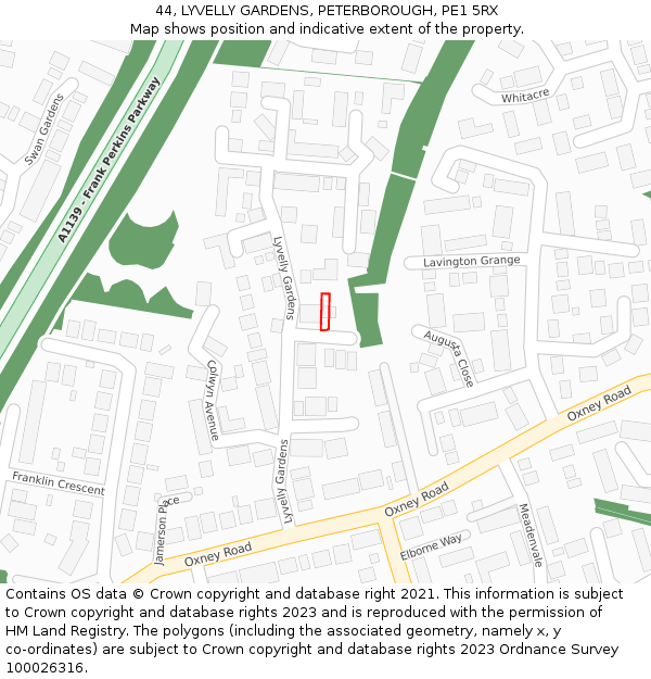 44, LYVELLY GARDENS, PETERBOROUGH, PE1 5RX: Location map and indicative extent of plot