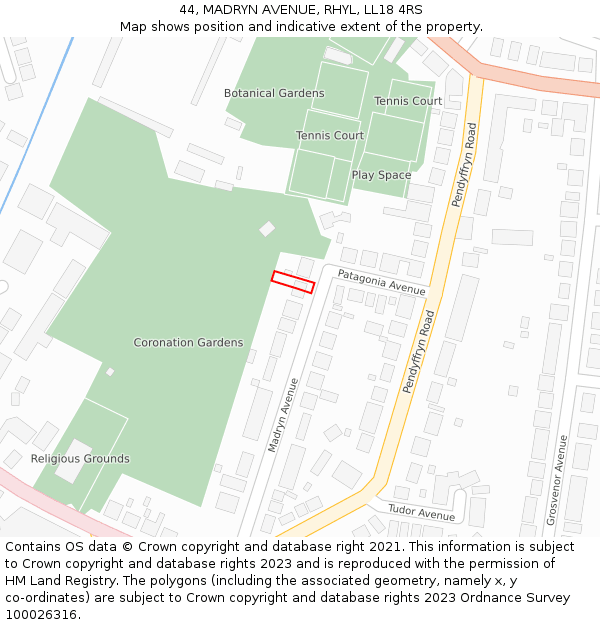 44, MADRYN AVENUE, RHYL, LL18 4RS: Location map and indicative extent of plot