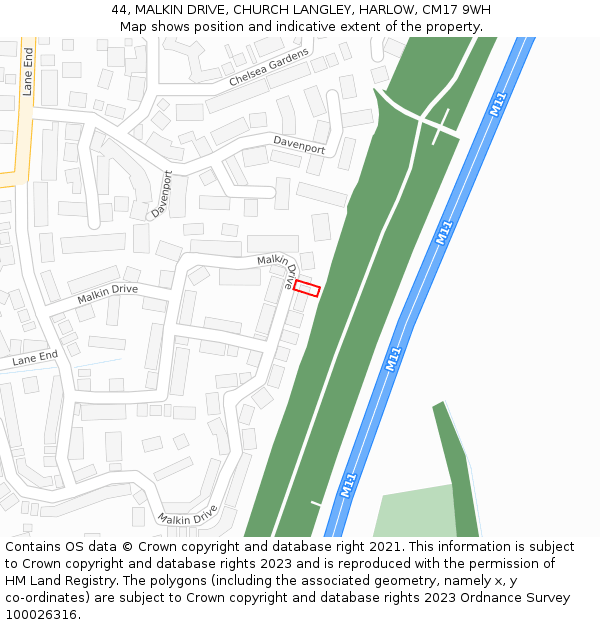 44, MALKIN DRIVE, CHURCH LANGLEY, HARLOW, CM17 9WH: Location map and indicative extent of plot