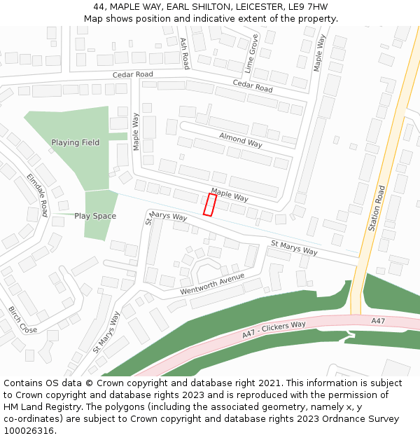 44, MAPLE WAY, EARL SHILTON, LEICESTER, LE9 7HW: Location map and indicative extent of plot