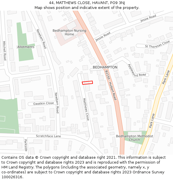 44, MATTHEWS CLOSE, HAVANT, PO9 3NJ: Location map and indicative extent of plot