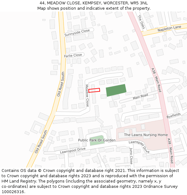 44, MEADOW CLOSE, KEMPSEY, WORCESTER, WR5 3NL: Location map and indicative extent of plot