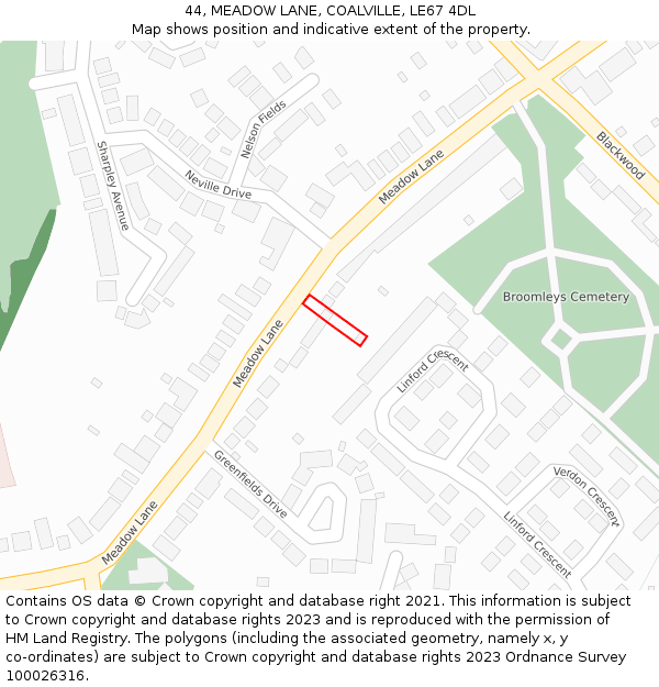 44, MEADOW LANE, COALVILLE, LE67 4DL: Location map and indicative extent of plot