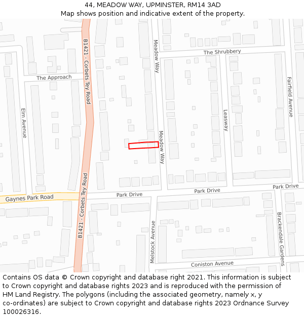 44, MEADOW WAY, UPMINSTER, RM14 3AD: Location map and indicative extent of plot