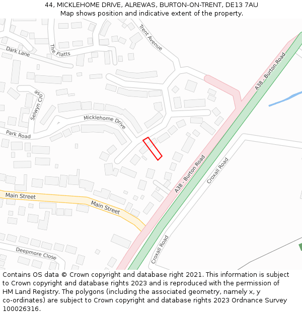 44, MICKLEHOME DRIVE, ALREWAS, BURTON-ON-TRENT, DE13 7AU: Location map and indicative extent of plot