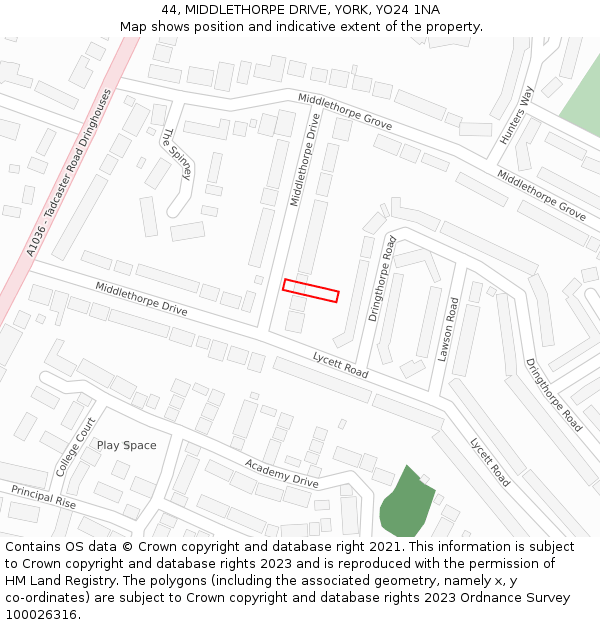 44, MIDDLETHORPE DRIVE, YORK, YO24 1NA: Location map and indicative extent of plot