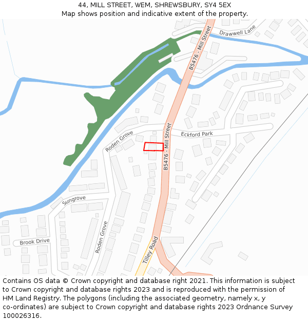 44, MILL STREET, WEM, SHREWSBURY, SY4 5EX: Location map and indicative extent of plot