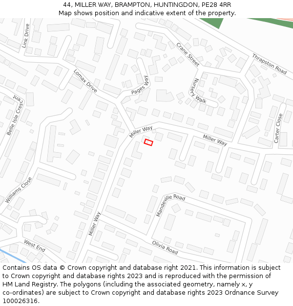 44, MILLER WAY, BRAMPTON, HUNTINGDON, PE28 4RR: Location map and indicative extent of plot
