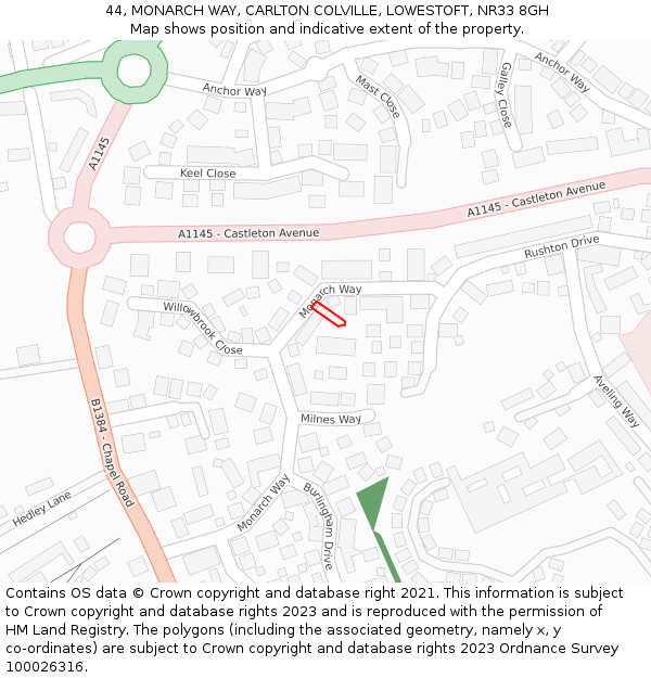 44, MONARCH WAY, CARLTON COLVILLE, LOWESTOFT, NR33 8GH: Location map and indicative extent of plot