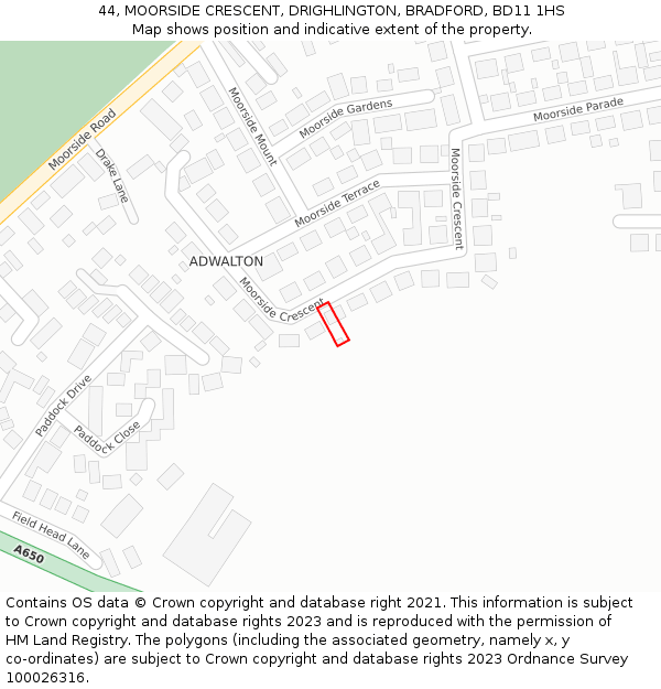 44, MOORSIDE CRESCENT, DRIGHLINGTON, BRADFORD, BD11 1HS: Location map and indicative extent of plot