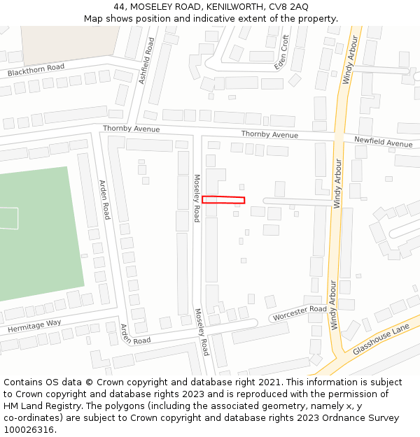 44, MOSELEY ROAD, KENILWORTH, CV8 2AQ: Location map and indicative extent of plot