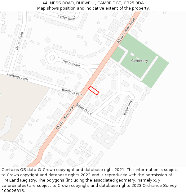 44, NESS ROAD, BURWELL, CAMBRIDGE, CB25 0DA: Location map and indicative extent of plot